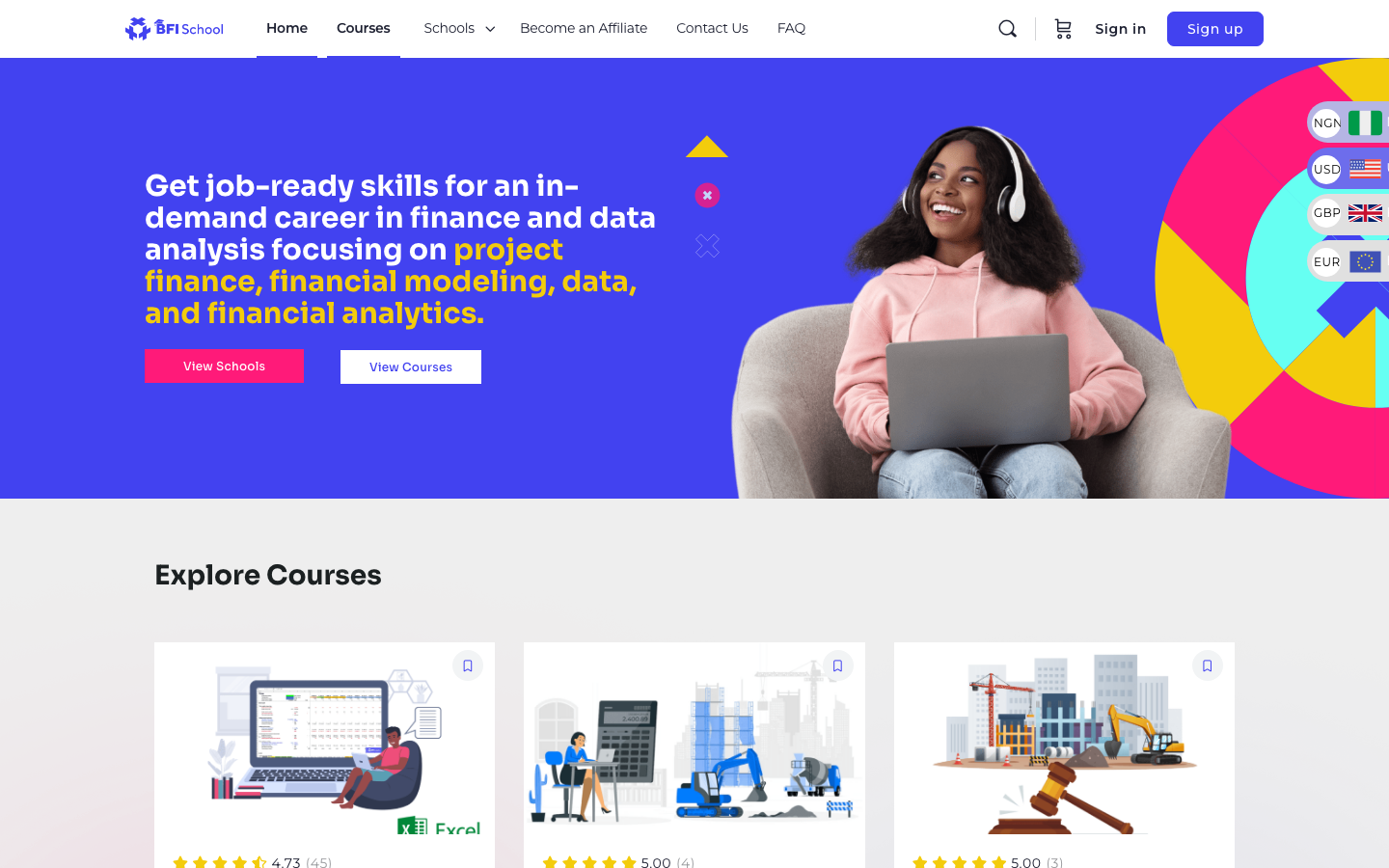 BFI School learning platform with currency switcher