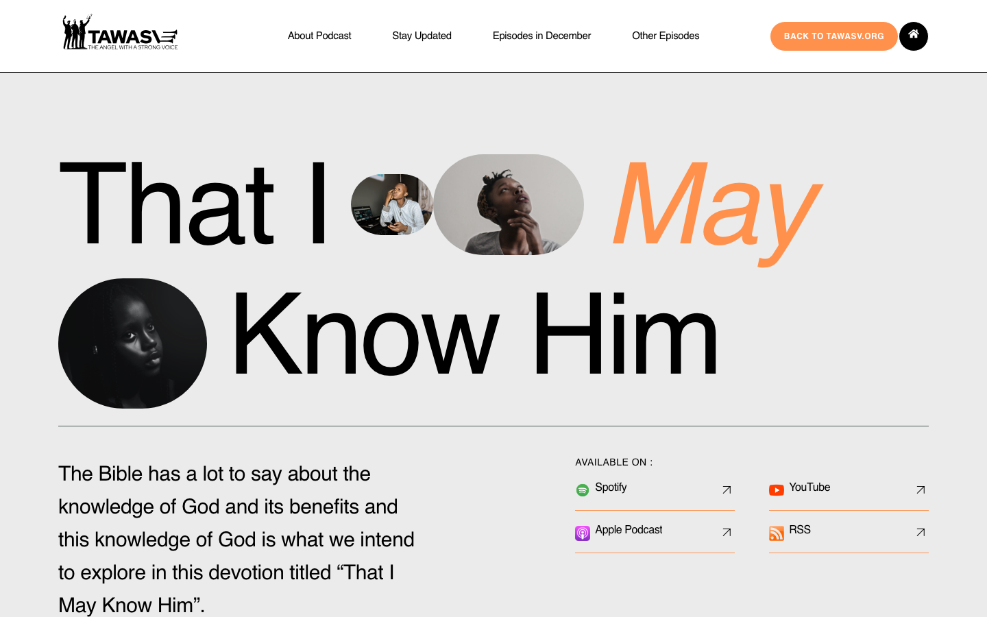 TAWASV podcast platform publishing to Spotify, Apple Podcasts, YouTube and RSS